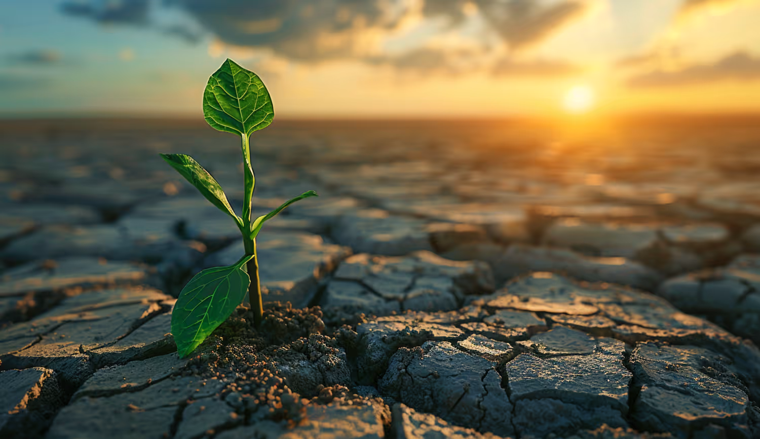 Small green plant growing from cracked dry soil at sunset.